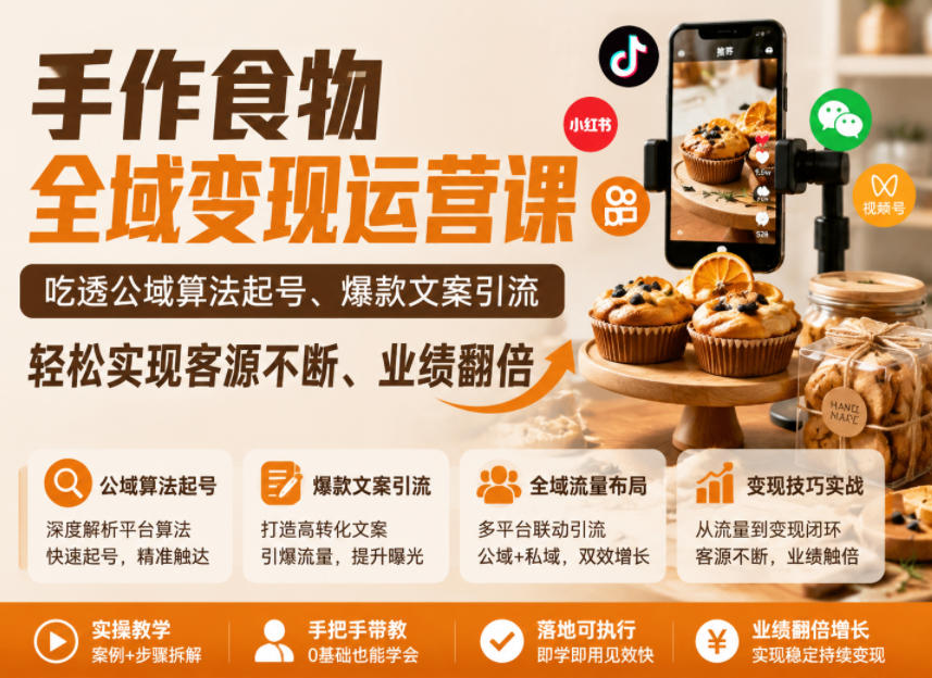 手作食物全域变现运营课，吃透公域算法起号、爆款文案引流，轻松实现客源不断、业绩翻倍