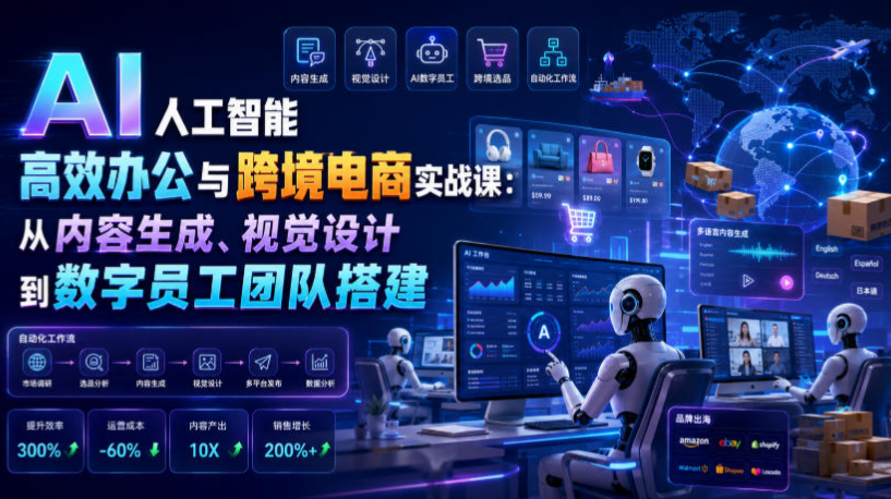 AI人工智能高效办公与跨境电商实战课：从内容生成、视觉设计到数字员工团队搭建