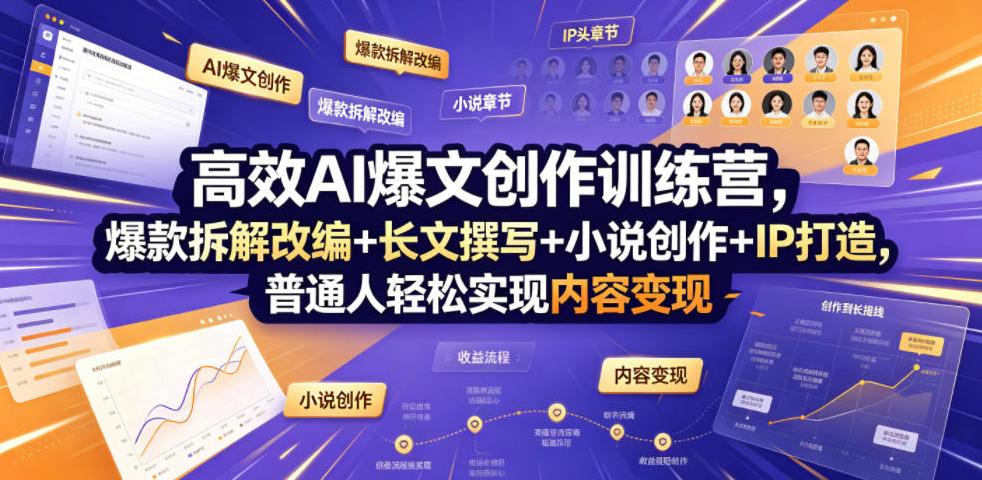高效AI爆文创作训练营，爆款拆解改编+长文撰写+小说创作+IP打造，普通人轻松实现内容变现