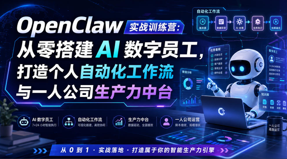 OpenClaw实战训练营：从零搭建AI数字员工，打造个人自动化工作流与一人公司生产力中台