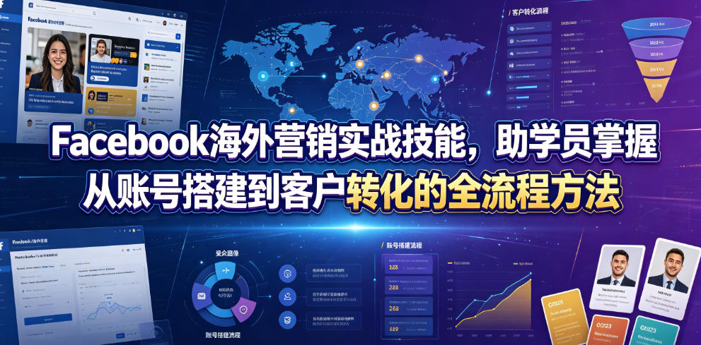 Facebook海外营销实战技能，助学员掌握从账号搭建到客户转化的全流程方法