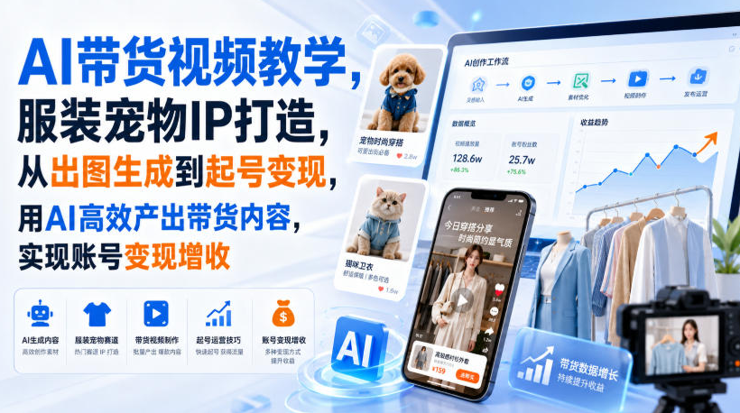 AI带货视频教学,服装宠物IP打造,从出图生成到起号变现,用AI高效产出带货内容,实现账号变现增收